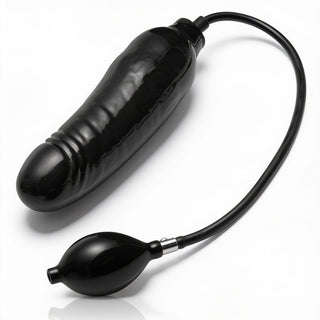 Inflated black dildo featuring an expanding shaft, rounded tip, flexible air tube, and squeeze pump for customizable girth adjustment