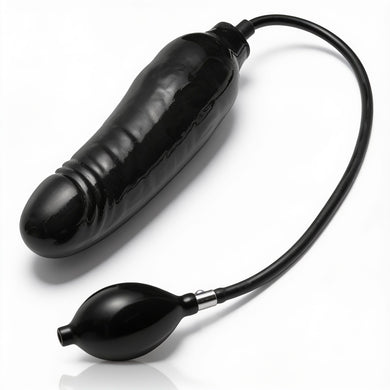 Inflated black dildo featuring an expanding shaft, rounded tip, flexible air tube, and squeeze pump for customizable girth adjustment