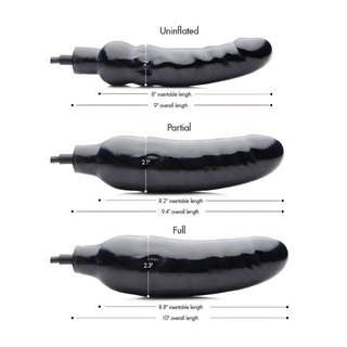 Size comparison infographic showing the Primal inflatable dildo in deflated, partially inflated, and fully inflated states with insertable length and diameter measurements displayed clearly