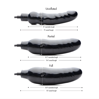 Size comparison infographic showing the Primal inflatable dildo in deflated, partially inflated, and fully inflated states with insertable length and diameter measurements displayed clearly