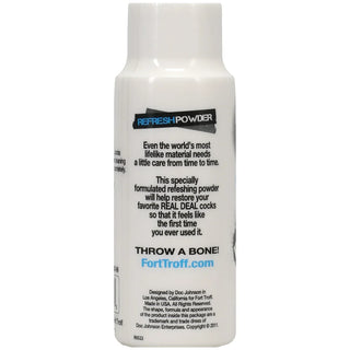 Real Deal Refresh powder side label describing how it restores realistic toys