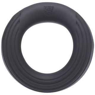 Rev Cock Throbber ribbed silicone cock ring front view with Fort Troff shield logo