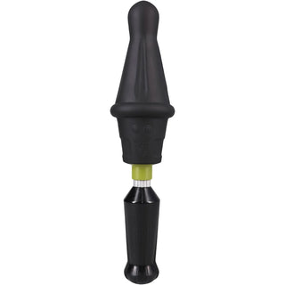 Robo Rammer rotating ridge rimming dong with black handle and olive control band, front view