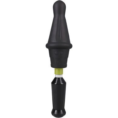 Robo Rammer rotating ridge rimming dong with black handle and olive control band, front view