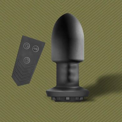 Robo Rimmer Slim vibrating plug upright next to its wireless remote