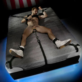 Rock Steady bed bondage system with molded anchor corners and straps