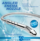 Angled shower enema wand illustration highlighting removable tip, ergonomic handle design, and compatibility with most shower hoses