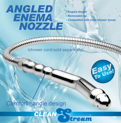 Angled shower enema wand illustration highlighting removable tip, ergonomic handle design, and compatibility with most shower hoses