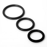 Set of three black silicone cock rings in graduated sizes designed to provide a snug fit, enhanced support, and comfortable stretch