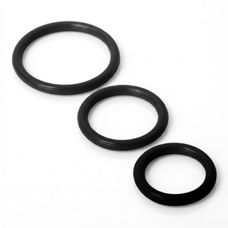 Set of three black silicone cock rings in graduated sizes designed to provide a snug fit, enhanced support, and comfortable stretch