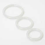 Set of three clear silicone cock rings in graduated sizes featuring a soft, flexible design for customizable comfort and support