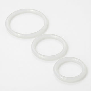 Set of three clear silicone cock rings in graduated sizes featuring a soft, flexible design for customizable comfort and support