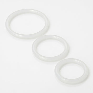 Set of three clear silicone cock rings in graduated sizes featuring a soft, flexible design for customizable comfort and support
