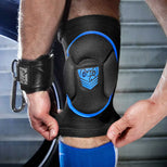 Skullfuck knee pad in blue being pulled on over the knee