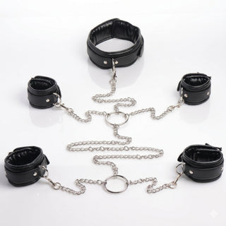Complete bondage shackle set arranged on a white background with padded collar, four cuffs, metal rings, and detachable chains