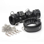 Padded bondage collar, matching cuffs, and detachable silver chains displayed together as a restraint kit
