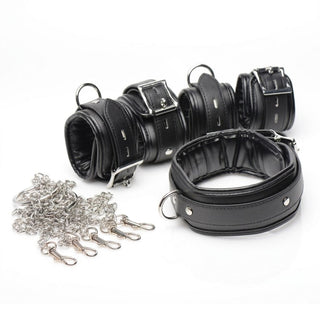 Padded bondage collar, matching cuffs, and detachable silver chains displayed together as a restraint kit