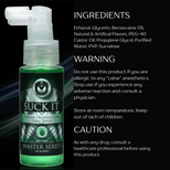 Ingredient and warning panel for Suck It Deep Throat Desensitizing Spray showing benzocaine 5%, usage cautions, storage instructions, and mint flavor information