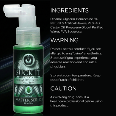 Ingredient and warning panel for Suck It Deep Throat Desensitizing Spray showing benzocaine 5%, usage cautions, storage instructions, and mint flavor information