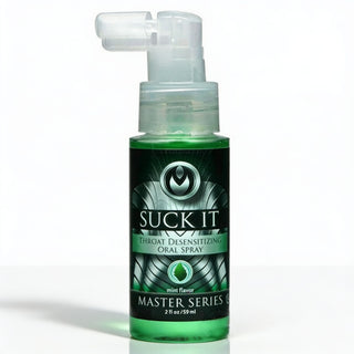 Suck It Deep Throat Desensitizing Oral Spray Master Series mint flavor bottle with angled spray applicator and 2 fl oz size
