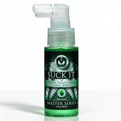 Suck It Deep Throat Desensitizing Oral Spray Master Series mint flavor bottle with angled spray applicator and 2 fl oz size