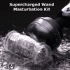 Super Charged Wand Masturbation Kit with wand massager and clear sleeve shown in water splash setting, highlighting waterproof design and textured interior gif
