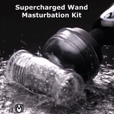 Super Charged Wand Masturbation Kit with wand massager and clear sleeve shown in water splash setting, highlighting waterproof design and textured interior gif