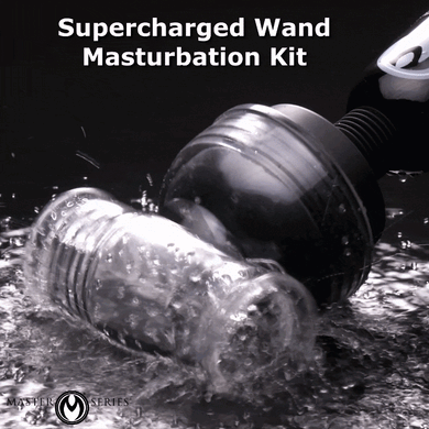 Super Charged Wand Masturbation Kit with wand massager and clear sleeve shown in water splash setting, highlighting waterproof design and textured interior gif