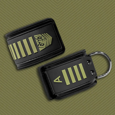 Tactical Velcro Ankle Cuffs pair stacked, black neoprene with olive stripes and steel D-ring