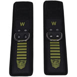 Tactical Wrist Cuffs pair laid flat, black neoprene with olive stripes, W marking and steel D-rings