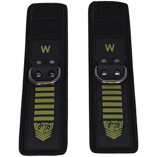 Tactical Wrist Cuffs pair laid flat, black neoprene with olive stripes, W marking and steel D-rings