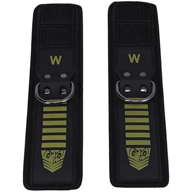 Tactical Wrist Cuffs pair laid flat, black neoprene with olive stripes, W marking and steel D-rings