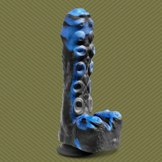 Tendril Thruster Blue mini fuck machine hero shot, blue and black marbled tentacle dildo