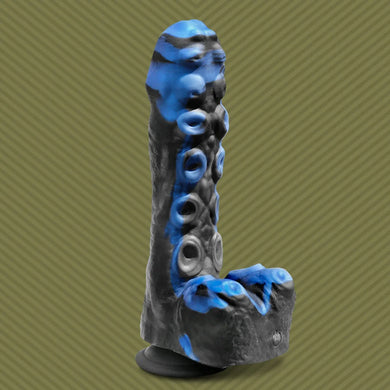 Tendril Thruster Blue mini fuck machine hero shot, blue and black marbled tentacle dildo