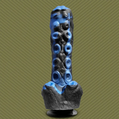 Tendril Thruster Blue tentacle dildo front view showing the sucker texture down the shaft