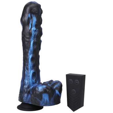 Tendril Thruster Blue thrusting dildo with wireless remote control beside it