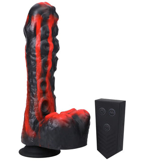 Tendril Thruster Red thrusting dildo with wireless remote control beside it