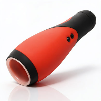 Angled view of the Vibra Head Bionic Auto Stroker highlighting its tapered shape, dual control buttons, and soft entry opening