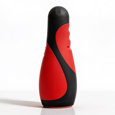 Vibra Head Bionic Auto Stroker standing upright with a red and black ergonomic exterior, textured grip contours, and compact hands-free design