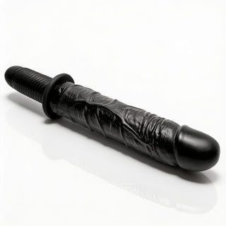 The Violator 13-Mode XL Dildo Thruster shown at an angled view highlighting its realistic texture, pronounced head, and ergonomic grip handle