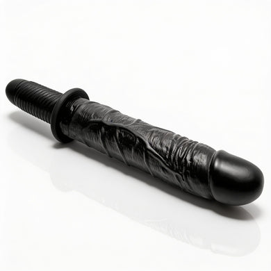 The Violator 13-Mode XL Dildo Thruster shown at an angled view highlighting its realistic texture, pronounced head, and ergonomic grip handle
