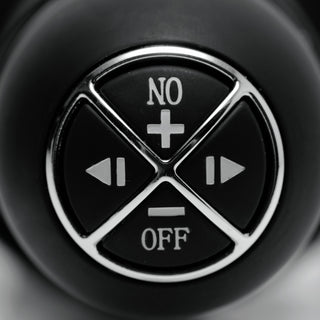 Close-up view of The Violator 13-Mode XL Dildo Thruster control panel featuring intuitive buttons for power, intensity adjustment, and mode selection