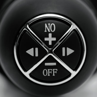 Close-up view of The Violator 13-Mode XL Dildo Thruster control panel featuring intuitive buttons for power, intensity adjustment, and mode selection