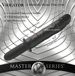 The Violator 13-Mode XL Dildo Thruster infographic displaying a 14.25-inch overall length, 9.5-inch insertable length, 3-inch widest diameter, and 13 vibration modes