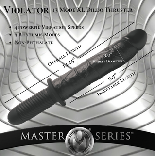 The Violator 13-Mode XL Dildo Thruster infographic displaying a 14.25-inch overall length, 9.5-inch insertable length, 3-inch widest diameter, and 13 vibration modes