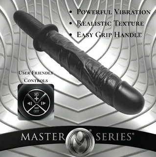 The Violator 13-Mode XL Dildo Thruster highlighting powerful vibration, realistic texture, easy-grip handle, and user-friendly controls