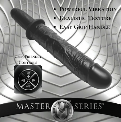 The Violator 13-Mode XL Dildo Thruster highlighting powerful vibration, realistic texture, easy-grip handle, and user-friendly controls