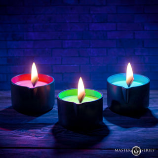 Wicked Wax drip candle trio for blacklight-reactive temperature kink play